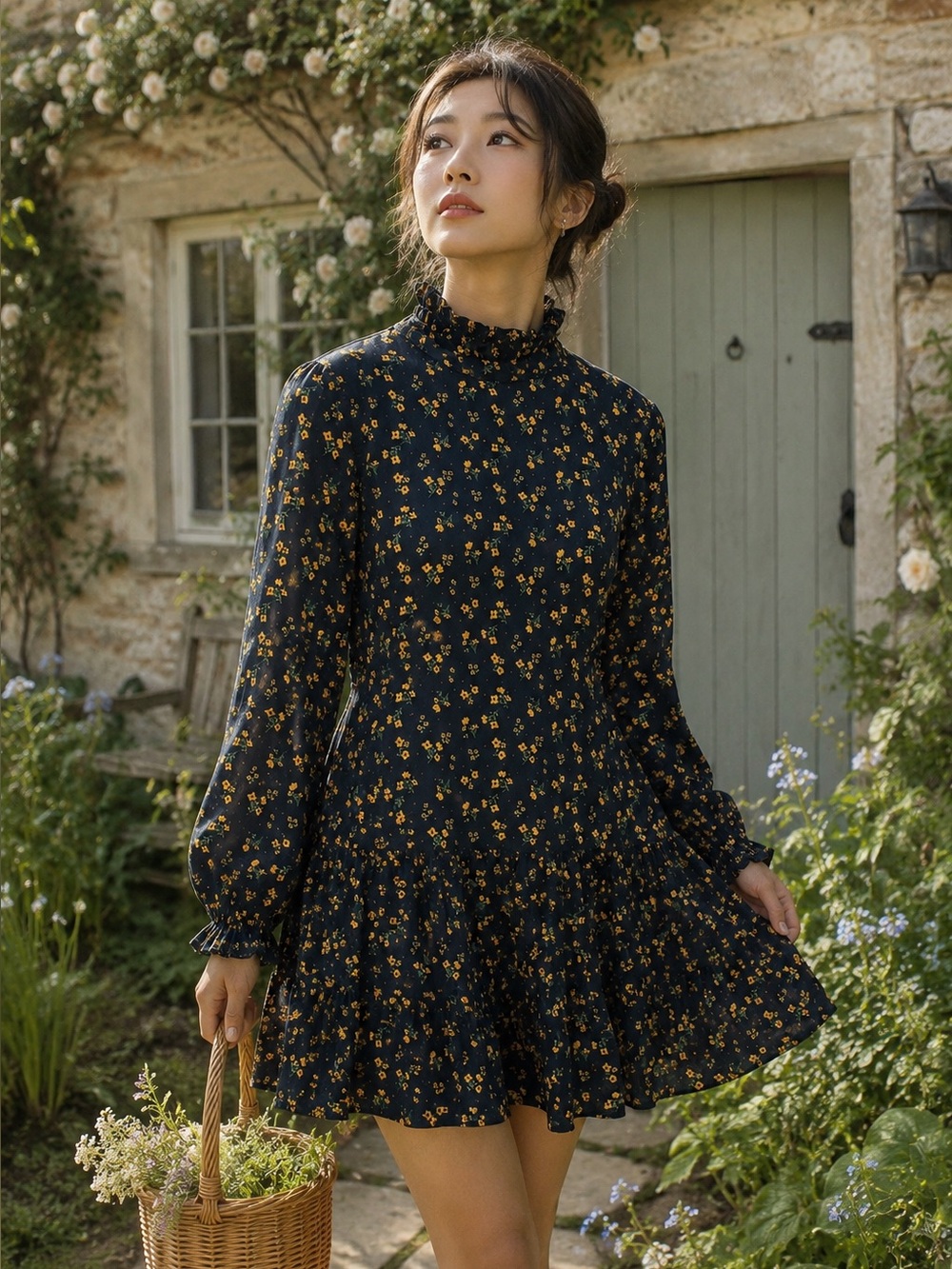 ZARA Blue and Gold Floral Cottagecore Ruffle Neck Mini Dress, M